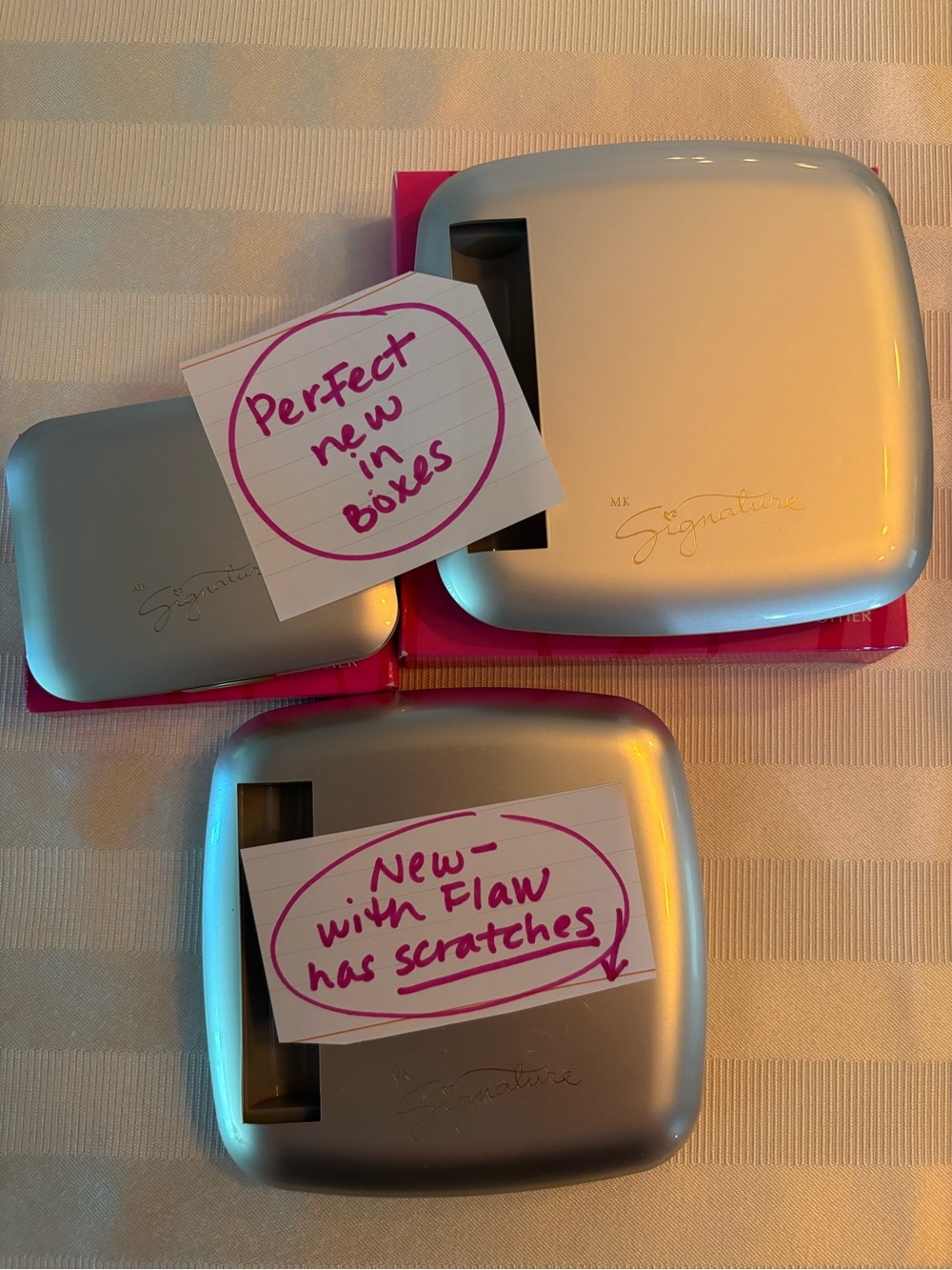 MK Signature Silver Compact Makeup Cases NIB #9004 & #2502 plus 1 (lot of 3)